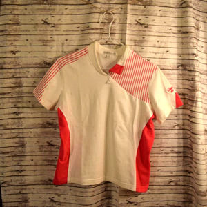 bette & court council fire pink and white golf polo